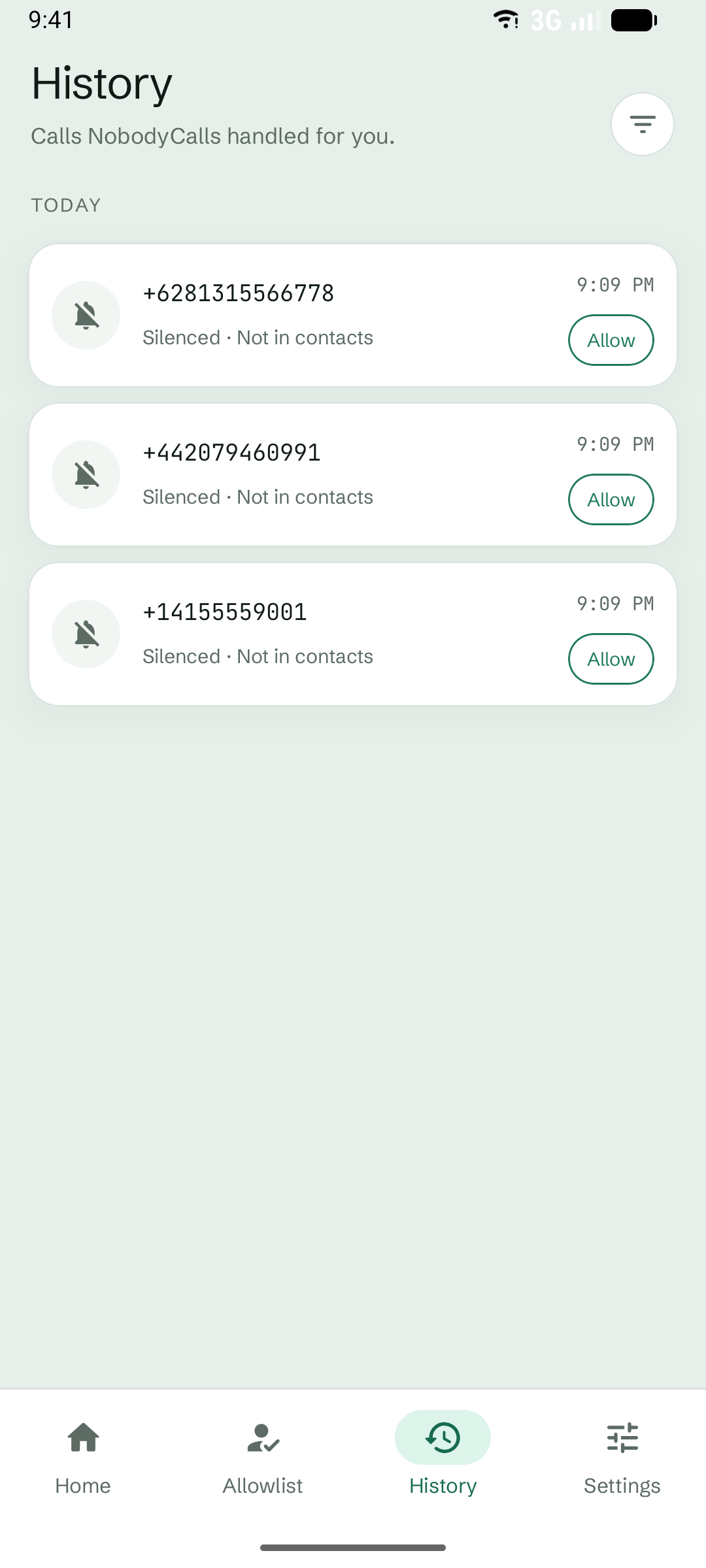 NobodyCalls local screening history