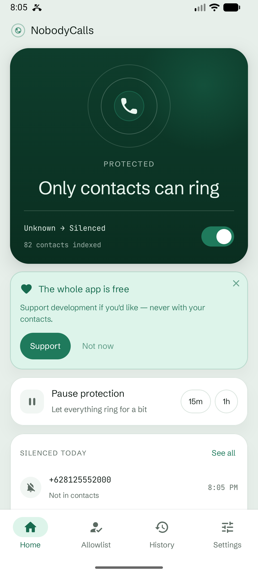 NobodyCalls home screen showing active protection